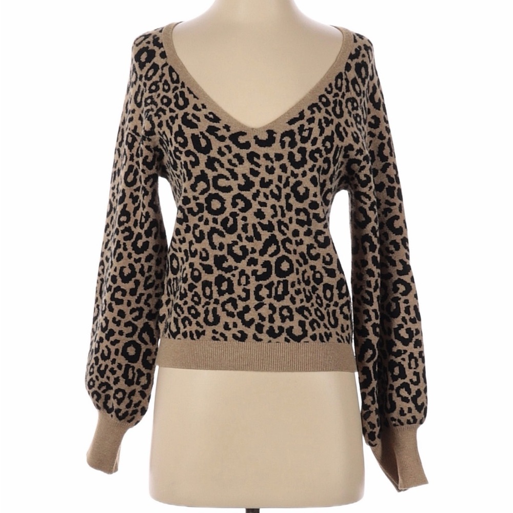 Abercrombie & Fitch Leopard V-Neck Sweater - Taupe & Black